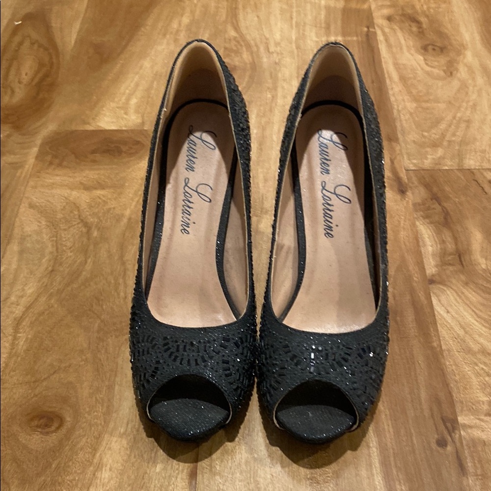 Lauren Lorraine Black Sparkly Peep-Toe Heels